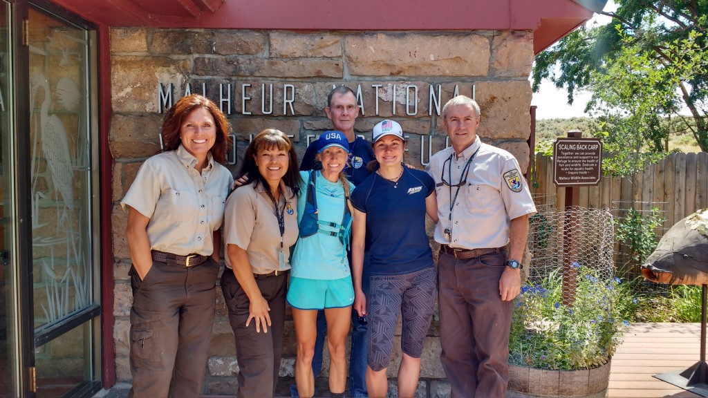 From left to right: Carey Goss, Wildlife Refuge Specialist; Suzanne McConnell, Administrative Assistant; Eddie Clark, Refuge Volunteer; Jeff Mackay, Deputy Manager. Along with Bridget (2012 Olympian) and Ladia (World Mt. Running Team)